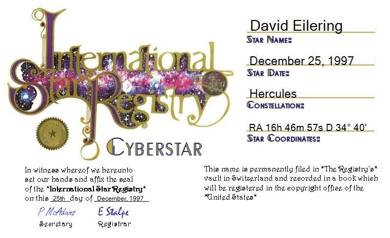 International Star Registry certificate
